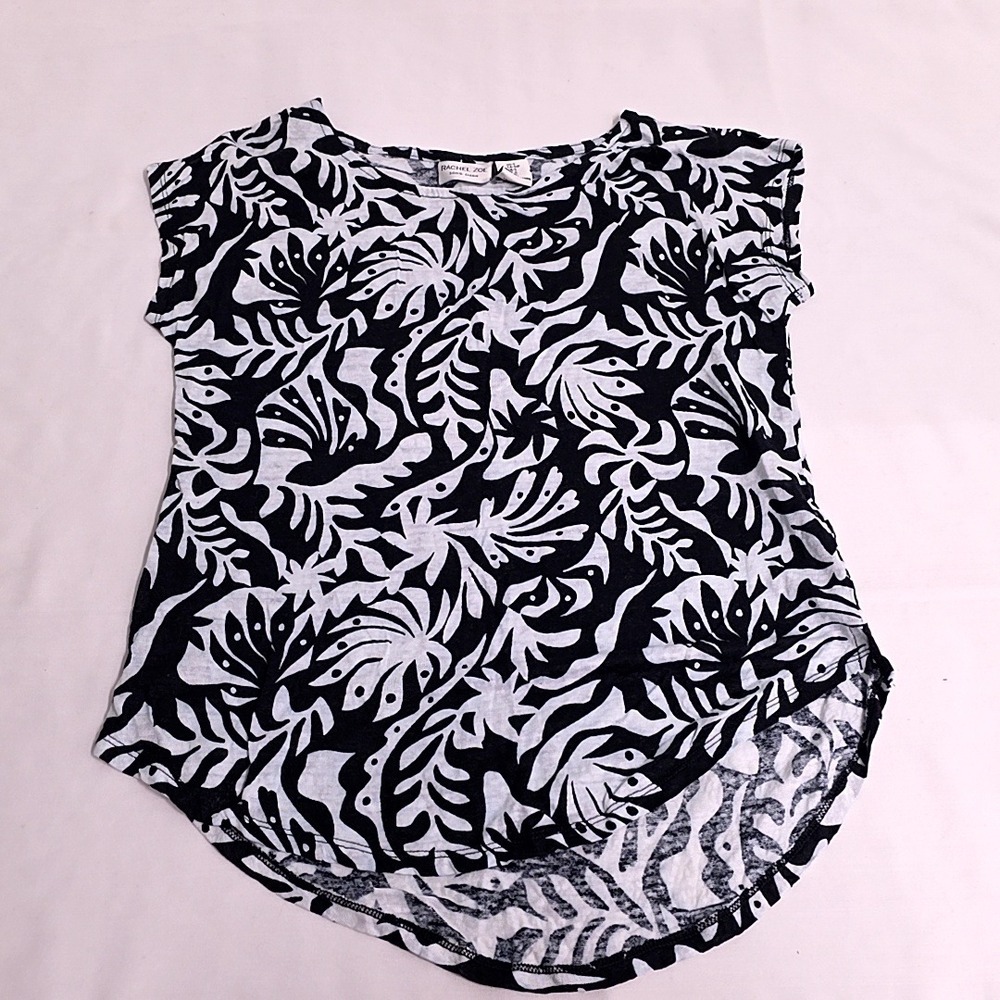Rachel Zoe Top Women S Black White 100% Linen Abstract Botanical High-Low Top